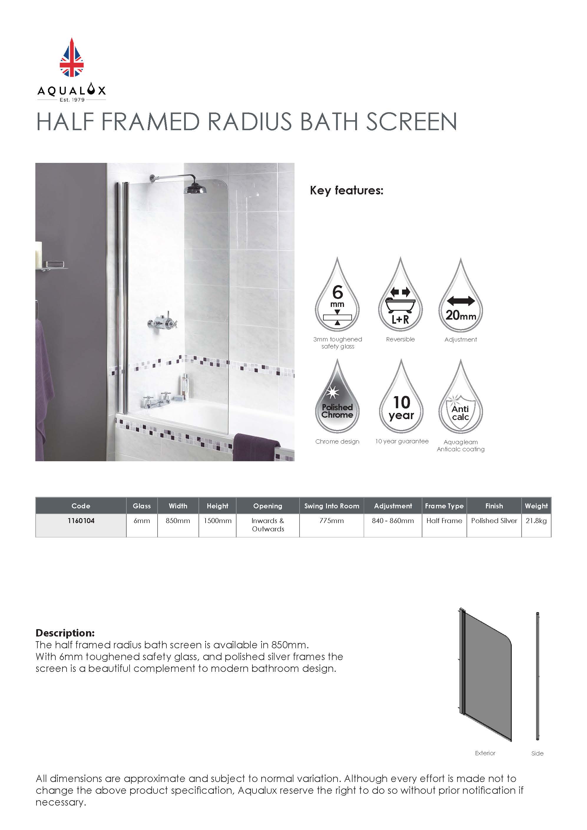 Aqualux Shine Half Framed Radius Bath Screen 850mm x 1500mm x 6mm